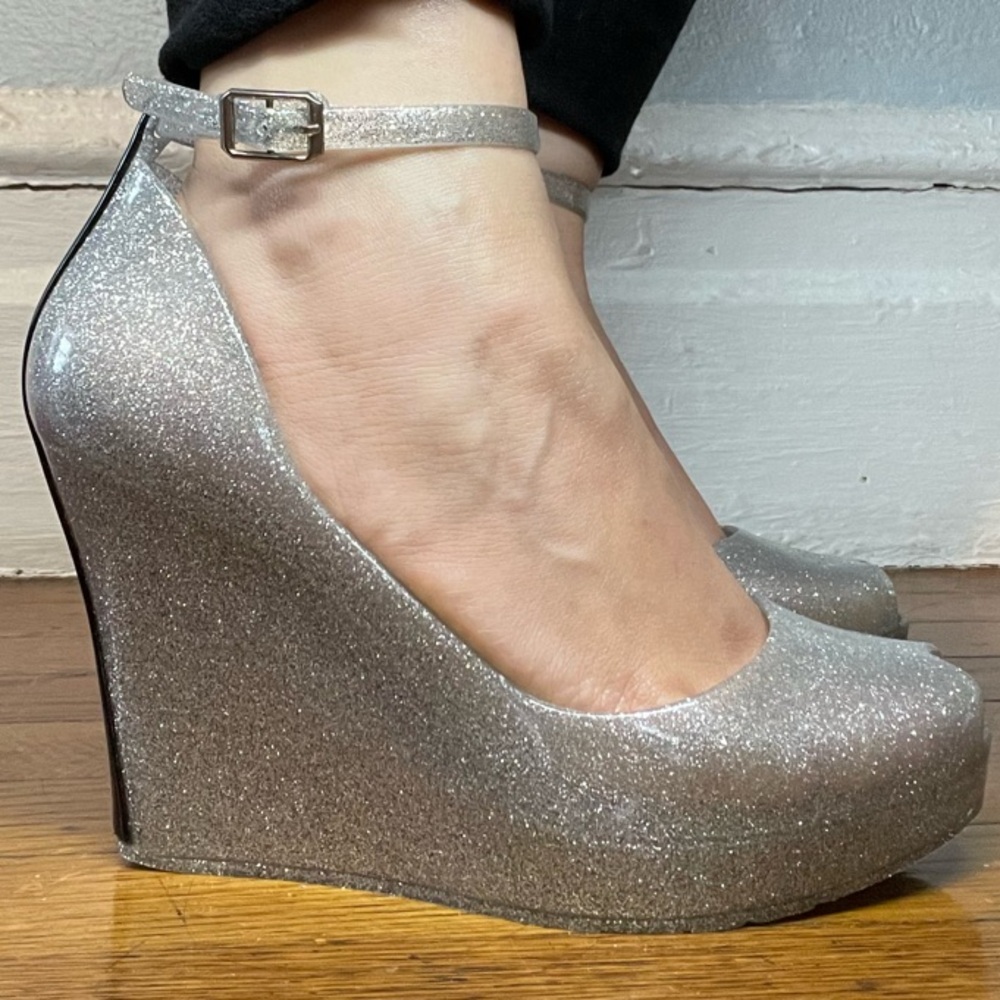 Silver Glitter Jelly Peep Toe Platform Wedges Sz 5